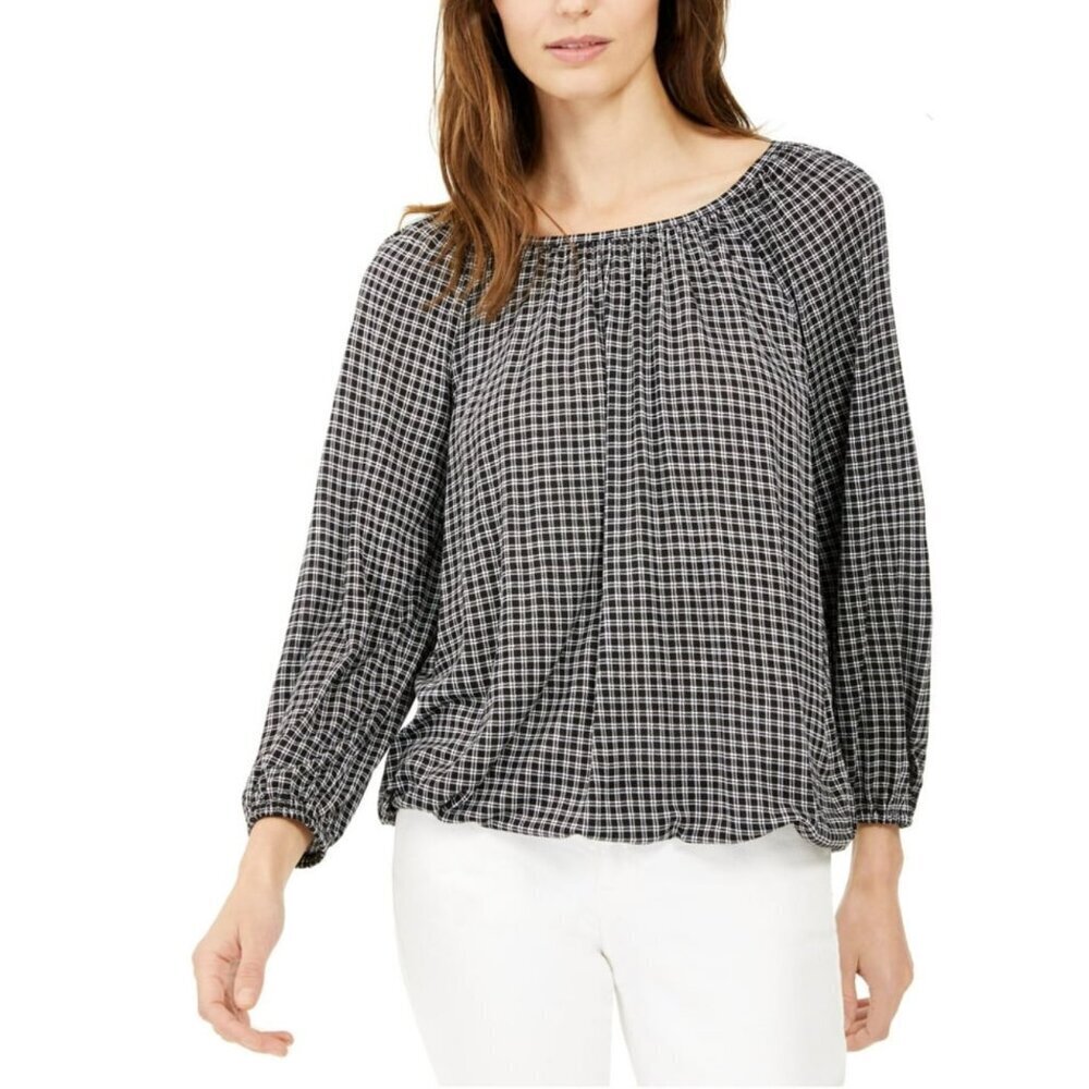 Michael Kors Houndstooth Print Elastic Waist Blouson Peasant Top S